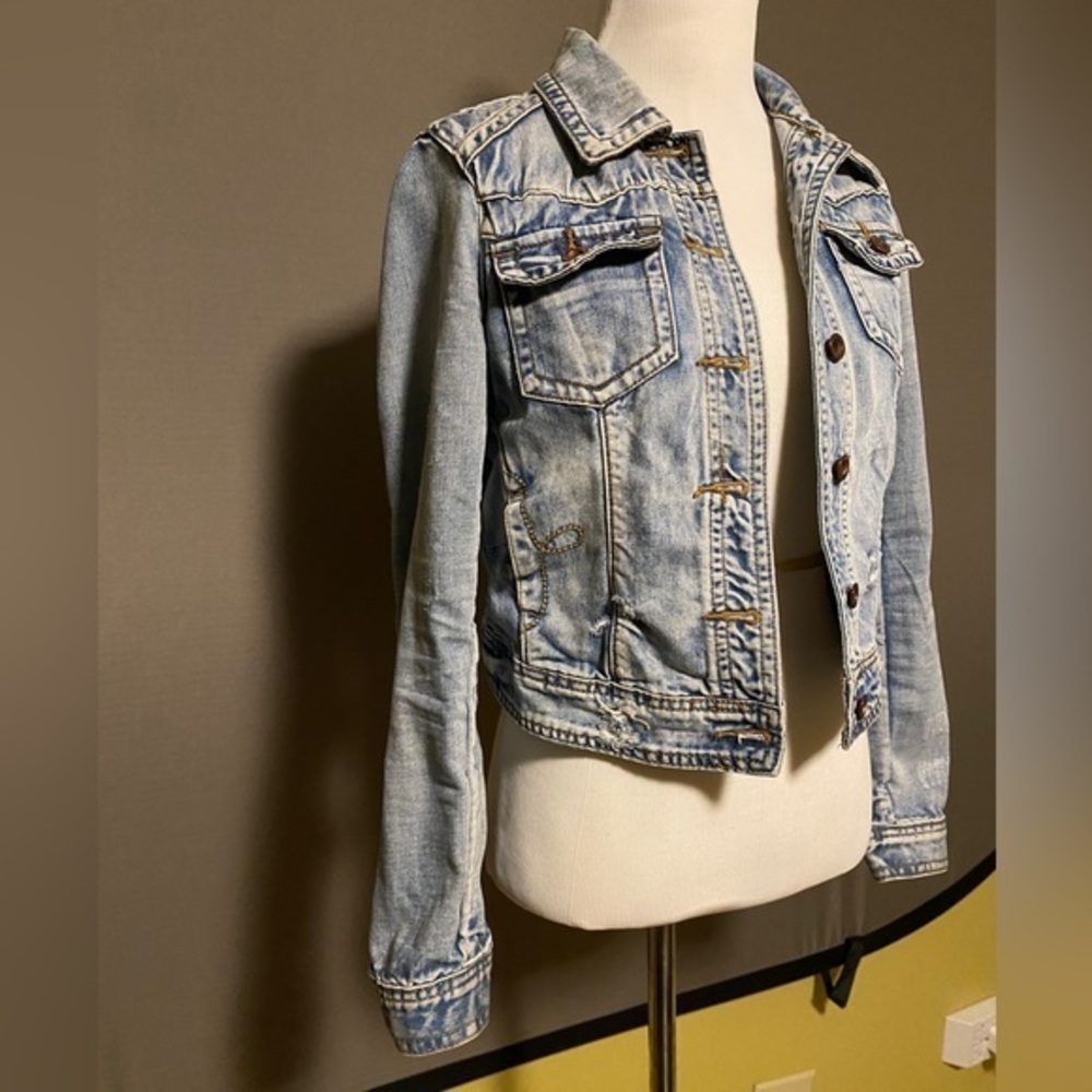 Light Wash Destroyed Blue Jean Jacket with Slight Crop Size Small